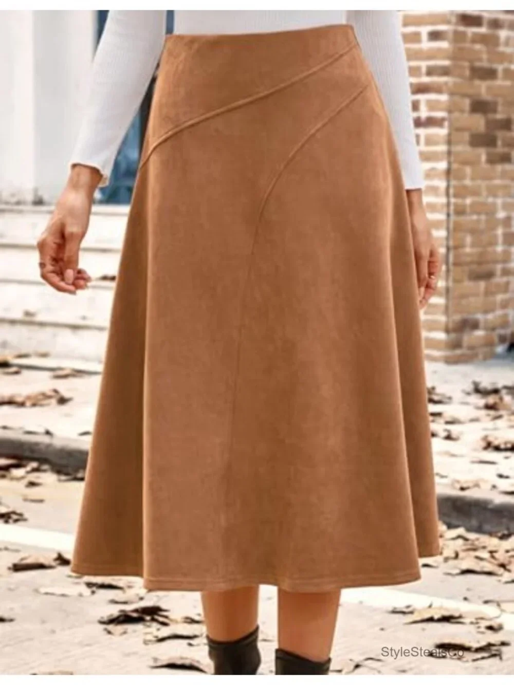 Faux Suede High Waist A-Line Midi Skirt with Elastic Waist and Hidden Zip
